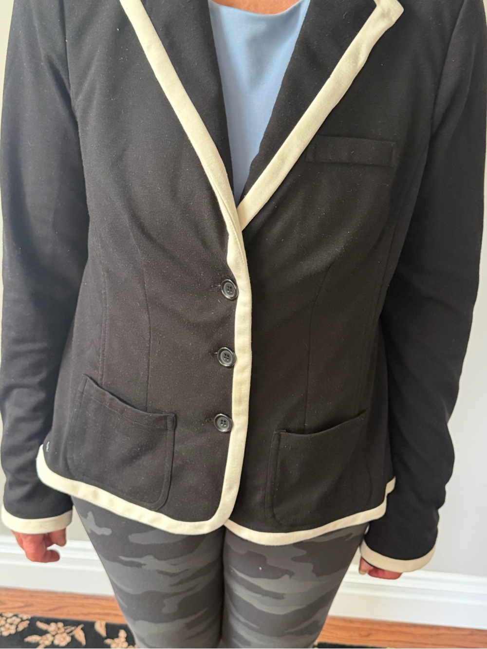Black Ponte Women's Tailored Blazer with Contrasting Ivory Trim Size XL